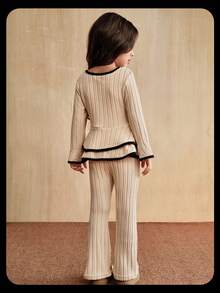 SHEIN 2pcs/Set Young Girl Ruffle Trim Round Neck Bell Sleeve Ribbed Hem T-Shirt And Bell Bottom Pants, Sports Fashion Style Suitable For School And Sports - Apricot - View 2