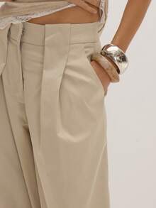 MUSEYN Beige Woven Loose Fitting Oversized Wide Leg Belt Loop Detail Suit Trousers Structured Tailored Everyday Office Fall New Season - Light Grey - View 5