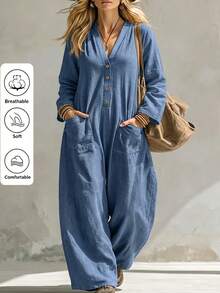 Linhara CURVE 2026 New V-Neck Plus Size Women's Jumpsuit With Pockets - Blue - View 1