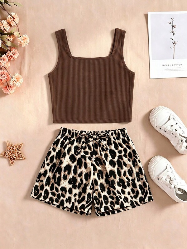 Young Girls Casual Minimalist Tank Top & Leopard Print Shorts Set, Suitable For Summer