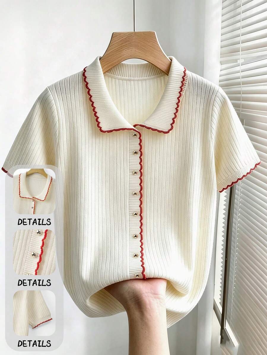 GlowEve CURVE Plus Size Women's Autumn Elegant Versatile Contrast Color Wavy Trim Lapel Button Short Sleeve Knit Top, Commuter Elegant Suitable For Daily, Outing, Dating And Multiple Occasions - Beige - View 1