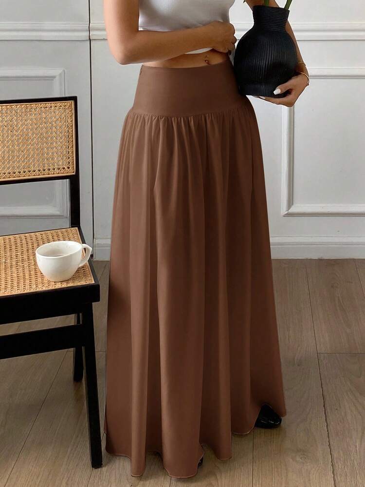 SHEIN X GALILEA Serisse Rok Lipit Polos Wanita, Kasual, Serbaguna untuk Pemakaian Sehari-hari - Chocolate Brown - View 5