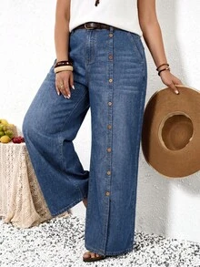 EMERY ROSE EMERY ROSE Plus Size Casual Washed Front Button Denim Jeans - Dark Wash - View 2