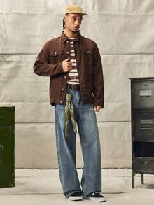 Norleigh Men Loose Fit Long Sleeve Cotton Solid Color Front Button Casual Denim Jacket, For Fall - Coffee Brown - View 4