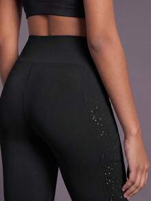 SHEIN Tween Girl Contrast Panel Phone Pocket Top-Stitching Active Leggings, Autumn Winter, Fall, Back To School, Yoga, Running, Cycling, Gym, Workout - Black - View 3