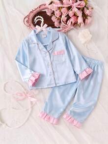 Girls' Solid Color Satin Ruffle Sleeve Long Sleeve Top And Pants With Pockets Embroidery 2-Piece Set, Spring/Autumn - Blue - View 4