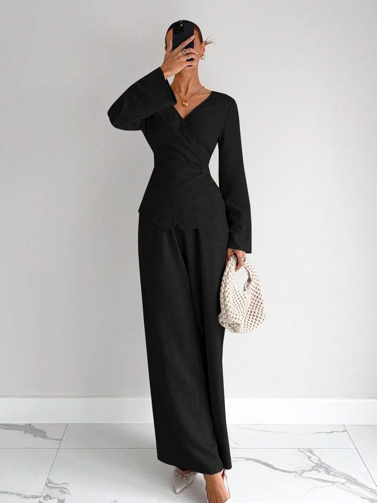 Siren Gaze Atasan Lengan Panjang Minimalis Warna Polos untuk Wanita, Kemeja Pinggang Baru Musim Gugur, Set Celana Hitam Elegan Musim Dingin, Pakaian Musim Gugur untuk Wanita Musim Semi - Hitam - View 3
