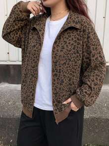 Dazy Plus 大尺碼女款寬鬆豹紋半拉鍊套頭運動衫，長袖街頭風 - 棕色 - 查看 2