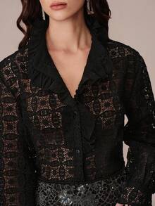 BELROSIE Blus Lengan Panjang Transparan Berenda Berlubang Bordir Mutiara Chiffon Patchwork Kerah Ruffle untuk Malam Halloween, Hitam, Musim Panas, Romantis, Elegan - Hitam - View 5