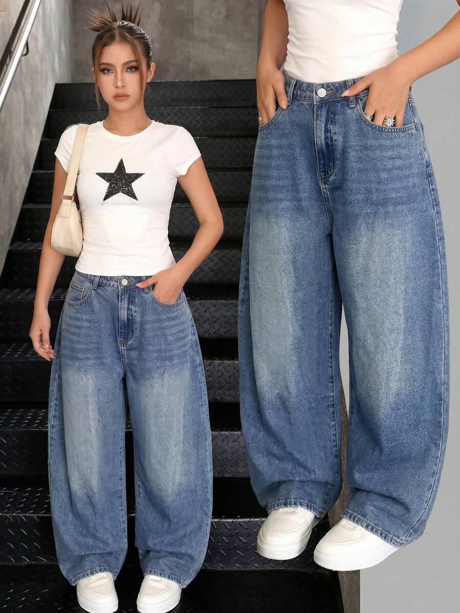 SHEIN 青少年女孩復古 Y2K 風格 2000 年代休閒男友版寬鬆牛仔長褲,適合街頭穿搭、夏季波希米亞風、電音派對、音樂會、節慶 - 中等水洗藍 - 查看 1
