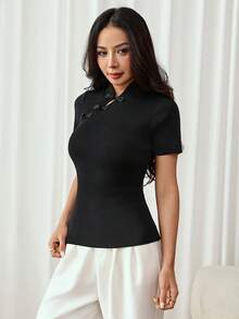 SHEIN PETITE Chinese Style Elegant Fashion Knitted Women's Top, Frog Button Decor, Versatile Black Summer Style - Black - View 3