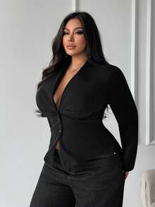SHEIN SXY Plus Size Summer Black V-Neck Long-Sleeved Fitted Short Coat With Button Decorations, Concert Cocktail, Office, Elegant, Formal, Old Money, Classic - Black - View 5