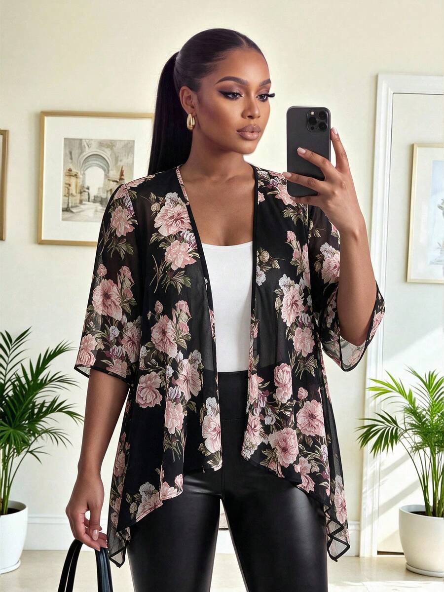 SHEIN Lady CURVE Jaket Semi-Transparan Motif Bunga Ukuran Besar untuk Acara Formal Pagi Hari dan Koktail, Warna Hitam, Elegan untuk Musim Panas - MultiWarna - View 1