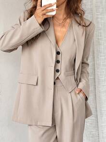 SHEIN EZwear 3pcs/Set Solid Grey Suit Jacket, Vest And Pants In Fall/Winter - Apricot - View 5