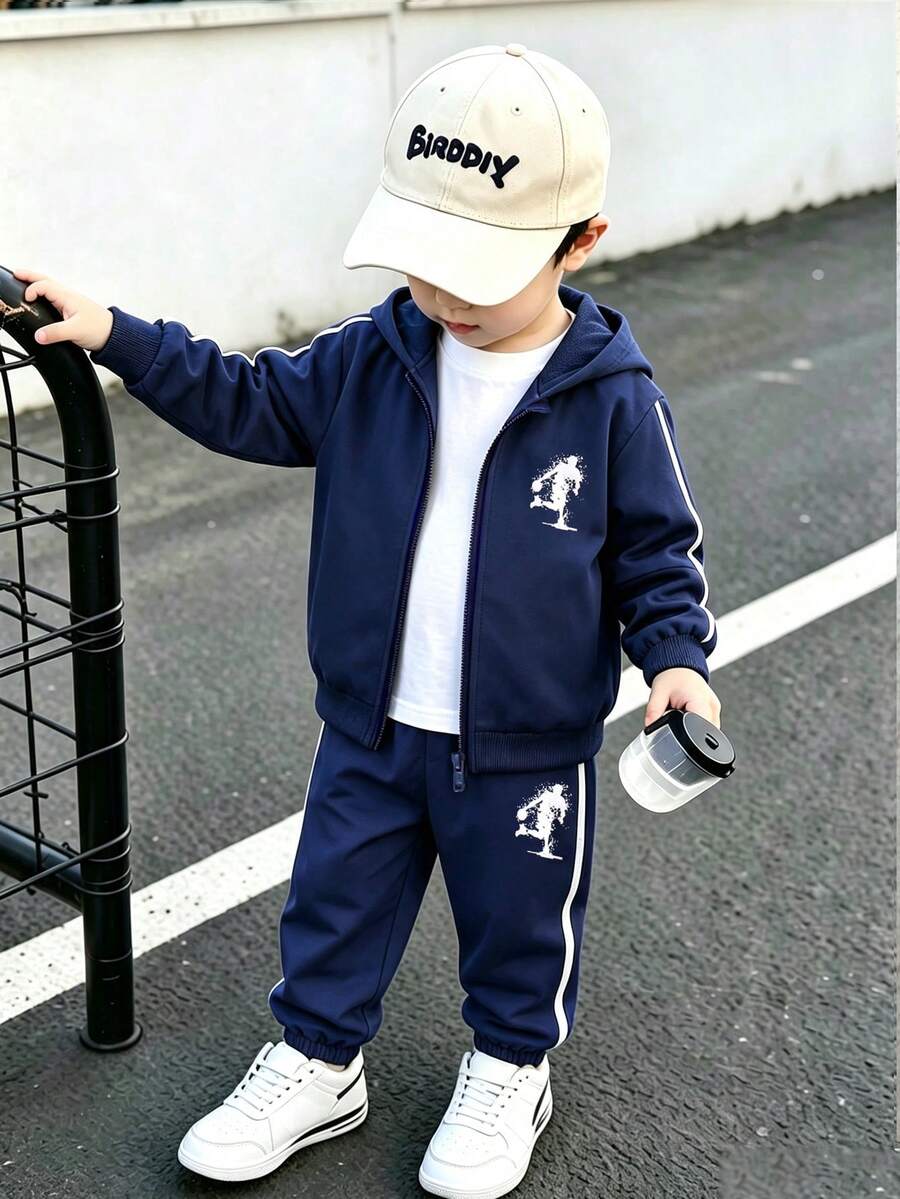 SHEIN 男童 2 件套運動衫套裝,秋季新款長袖連帽運動衫與長褲套裝,白色印花拉鍊運動衫配白色織帶飾邊,生日禮物 - 藍色 - 查看 1