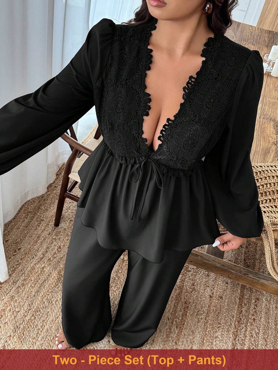 Weeklong Conjunto de 2 piezas de blusa con escote en V profundo y pantalones de encaje y parches, de talla grande y estilo sexy - Negro - Ver 1