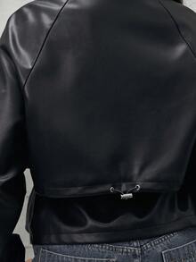 Denimoi Women's Autumn Fashion Drawstring Waist Regular Jacket - Black - View 6