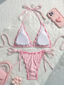 Bonvoyette Y2K Hot Girl Style Contrast Color Ruffle Halter Tie Bikini Two-Piece Swimwear Set For Beach Vacation - Multicolor - View 2