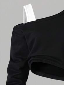 SHEIN Sparklyn Girls' Athletic Black And White Asymmetrical Neck Long Sleeve Ribbed Cuff Sweatshirt Elastic Waist Drawstring Pants Autumn Set School Student - Black - View 4