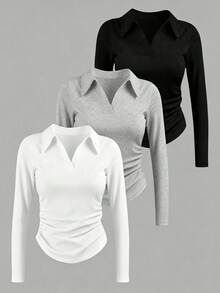 INAWLY Women's Solid Color Collared Long Sleeve Pleated Casual T-Shirt - Black - View 1