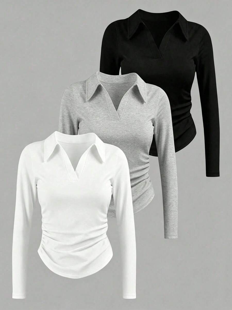INAWLY Women's Solid Color Collared Long Sleeve Pleated Casual T-Shirt - Black - View 1