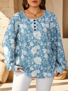 EMERY ROSE Plus Size Women's Floral Print Round Neck 3/4 Sleeve Button Front Ribbed Cuff Loose Fit Pullover Hoodies Casual Elegant Autumn Blue And White Birthday - Multicolor - View 8