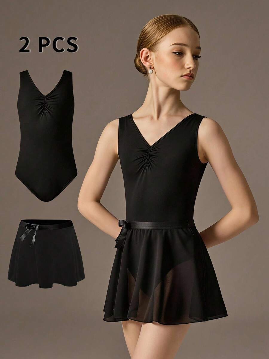 Tween Girls Ballet Leotard & Skirt Set, Sleeveless High Stretch Leotard With Pleated Bust Design Paired With Lightweight Chiffon Skirt, Fall Winter - Black - View 1