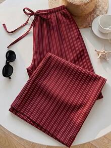 SHEIN EZwear 女款休閒腰部綁帶直筒長褲，適合夏季 - 紅色 - 查看 5