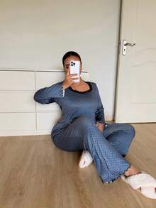 Dream Adore Plus Size Casual Polka Dot Set, Square Neck Lace Patchwork Trim, Ruffle Hem Long Sleeve Long Pants Loungewear, Comfortable Home Sleepwear Set - Dark Grey - View 4