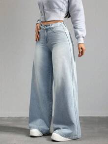 SHEIN Loose Fit Light Blue Denim Pants For Tween Girls Summer World Cup Independence Day Beach Graduation - Blue - View 2