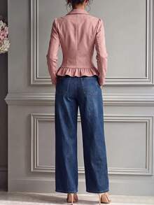 SHEIN Elenzya Women's Faux Pearl Decorated Ruffle Hem Long Sleeve Blazer - Pink - View 2