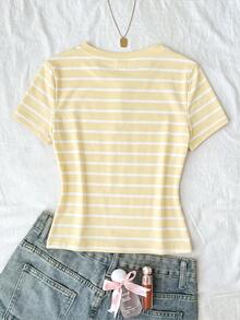 SHEIN Tween Girl Summer Casual Striped Short Sleeve T-Shirt - Yellow - View 2