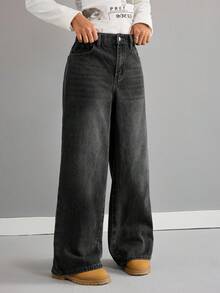 SHEIN Celana Jeans Longgar Berpinggang Rendah Warna Biru Retro untuk Anak Perempuan - Hitam - View 4