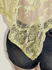 SHEIN ICON 女款大尺碼性感透視蕾絲罩衫 - 淡黃色 - 查看 8