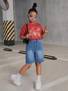 SHEIN Tween Girl Pocket Button Casual Versatile Daily Outing Denim Shorts - Medium Wash - View 2