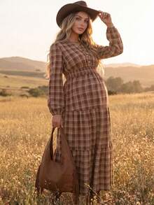 Boho Mama Plaid Pleated Casual Sexy Daily Photoshoot Maternity Dress Autumn Burgundy - Burgundy - View 3
