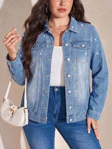SHEIN LUNE Chaqueta vaquera casual de manga larga con pedrería y abotonadura sencilla para mujer de talla grande - Azul - Ver 8