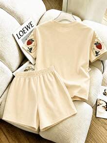 SHEIN Women's Round Neck Faux Pearl Decorated Short Sleeve T-Shirt And Shorts Casual Daily Set - Multicolor - View 2