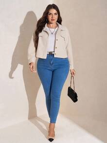 SHEIN LUNE Plus Size Fall Clothes Women Solid Color Minimalist Business Casual Long Sleeve Jacket Jackets Winter Autumn Back-To-School Office - Beige - View 6