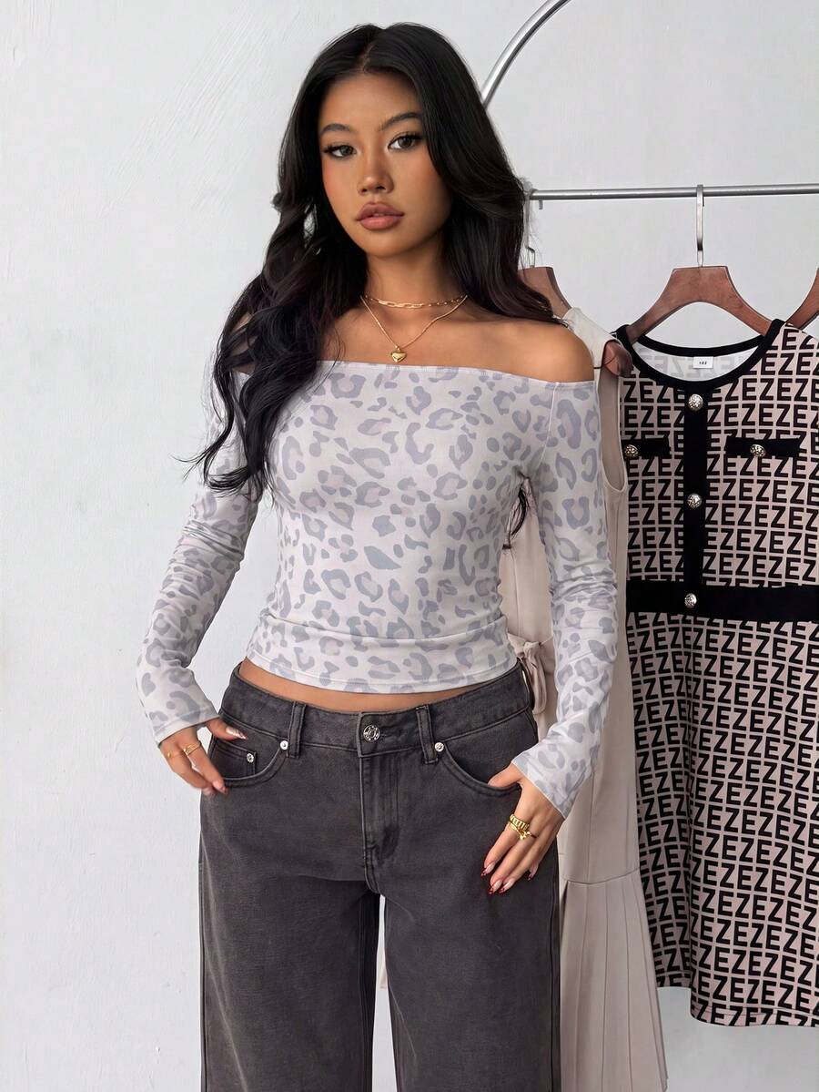 Black Off Shoulder Fitted Casual Long Sleeve Basic Base Layer T-Shirt Leopard Print - Multicolor - View 1