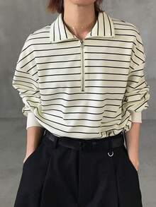 FRIFUL Kaos Wanita Model Korea Terbaru untuk Awal Musim Gugur, Motif Garis-garis, Kain Bergaris, dan Dekorasi Resleting Logam - Aprikot - View 7