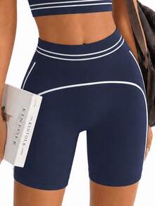 SHEIN Sports Women's Colorblock Casual Versatile Daily Travel Sports Shorts - Blue - View 4