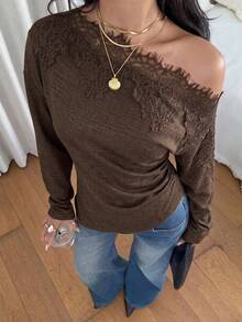 Siren Gaze Women's Solid Color Contrast Lace Asymmetric Shoulder Long Sleeve Fashion Top - Chocolate Brown - View 8