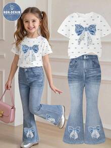 SHEIN Elladie kids 2件組女童夏季新款蝴蝶結印花圓領短袖T恤與彈性腰牛仔效果喇叭褲休閒套裝 - 彩色 - 查看 1