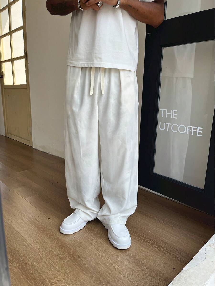 STEELVANCE Men's Casual Long Pants With Faux Off-White Pattern, Summer Vacation - White - View 1