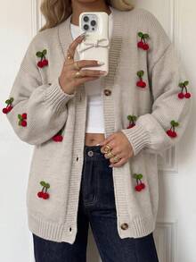 Women Solid Color 3d Cherry Pattern Accessory Deep V-Neck Front Button Drop Shoulder Chunky Cardigan - Apricot - View 5