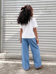 SHEIN 青少年女孩彈性腰寬腿休閒寬鬆牛仔長褲 - 藍色 - 查看 7
