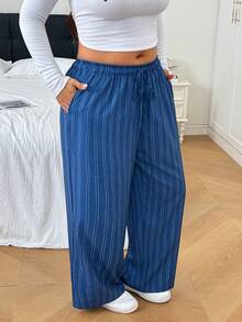 SHEIN EZwear 大尺碼休閒寬鬆條紋長褲 - 彩色 - 查看 4