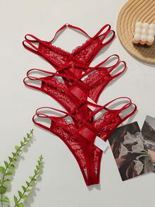 SHEIN 3pcs Lace Patchwork Thong Set - Red - View 4