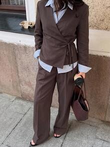 Siren Gaze Chic Two-Piece Suit Set For Women Featuring A Belted V-Neck Jacket And Straight-Leg Wide-Leg Trousers-Versatile For Office, Casual Teachers' Day - Brown - View 1